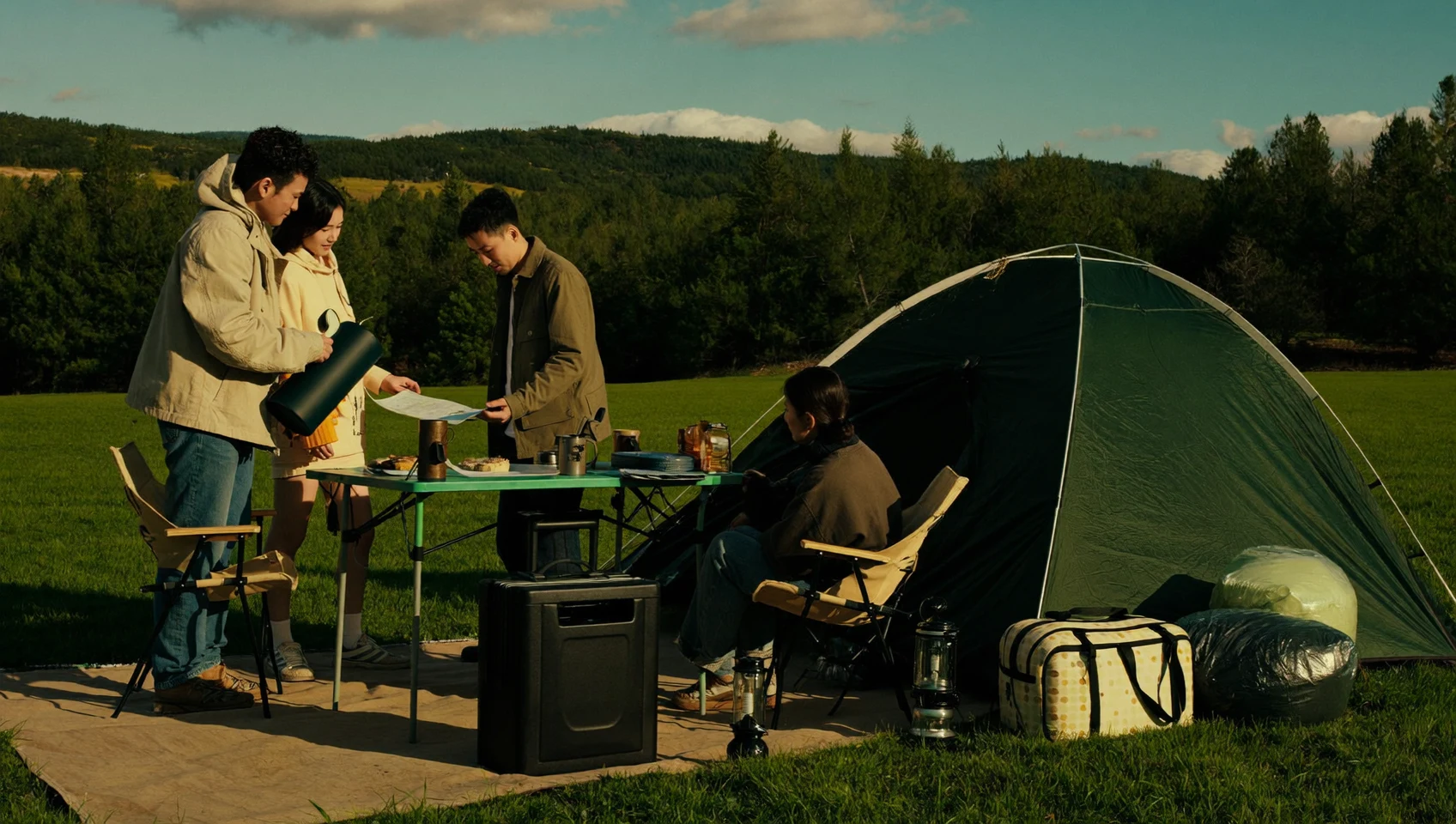 Illustration d'un campement en plein air au petit matin